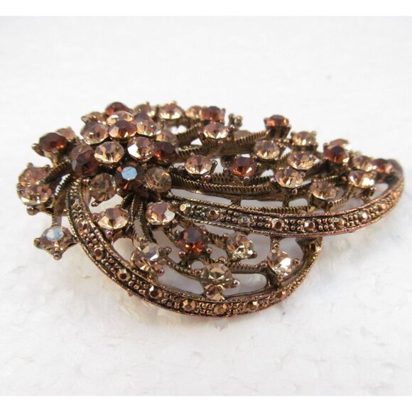 Brown Topaz Rhinestone Floral Combo Pendant Brooch - Picture 2 of 14